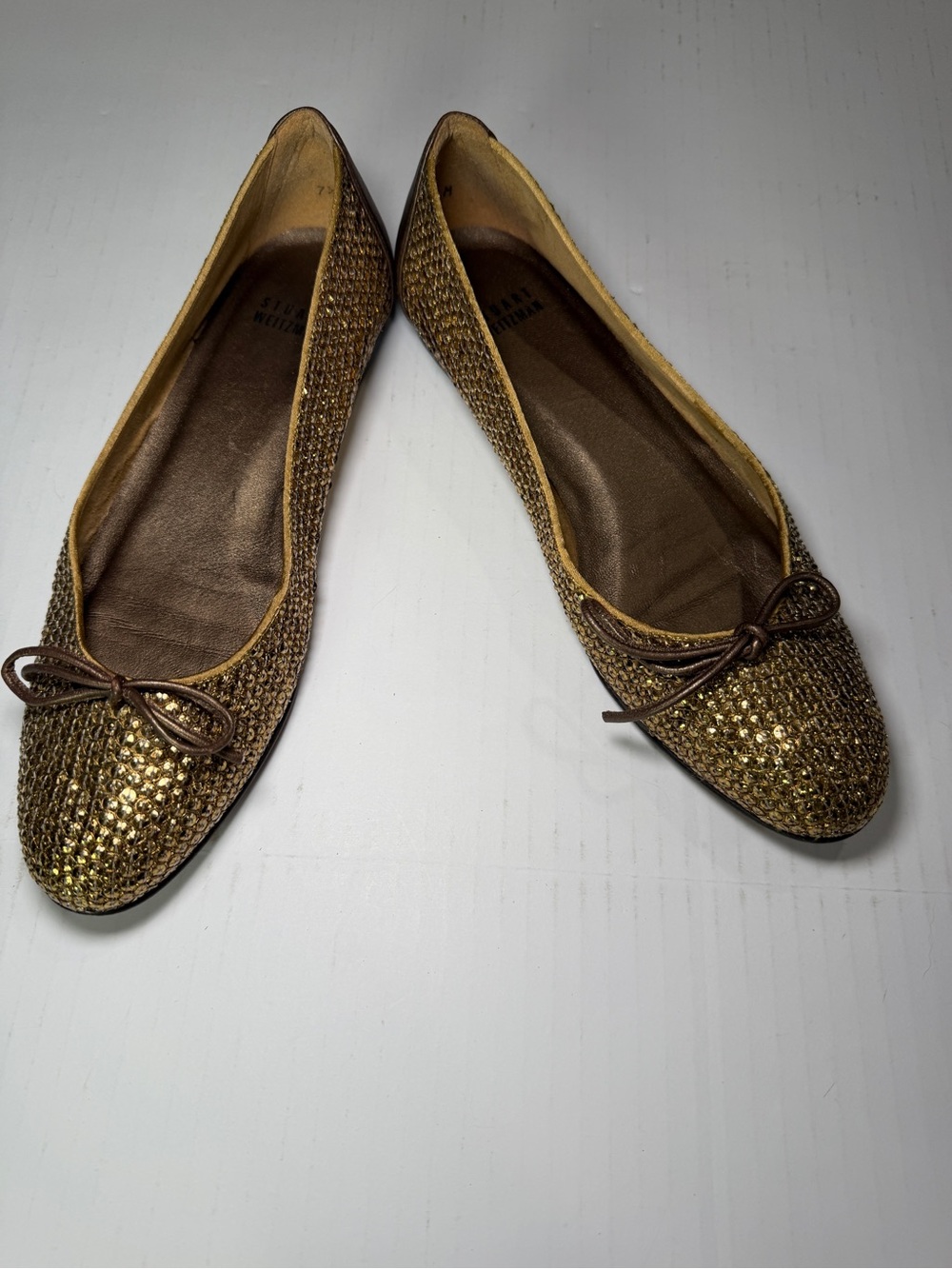 Stuart Weitzman Gold Sequin Ballet Flats with Bow